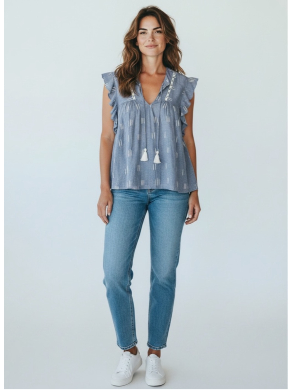 Lilla P XL Blue Chambray Ruffle Sleeve Tassel Tie Peasant Blouse Top